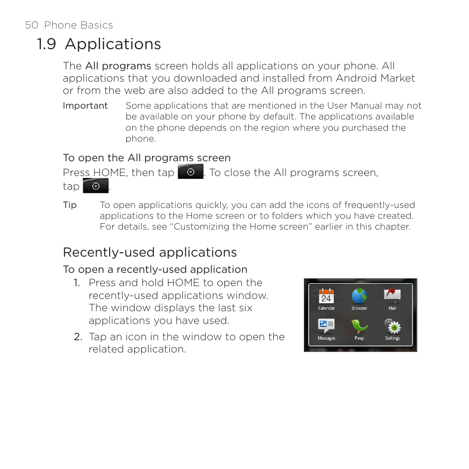 9 applications, Recently-used applications | HTC DROID Eris PB00100 User Manual | Page 50 / 238