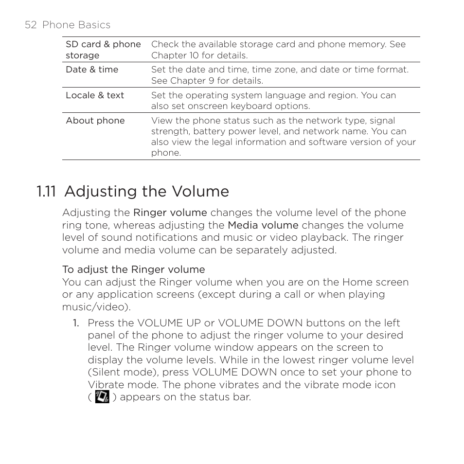 11 adjusting the volume | HTC DROID Eris PB00100 User Manual | Page 52 / 238