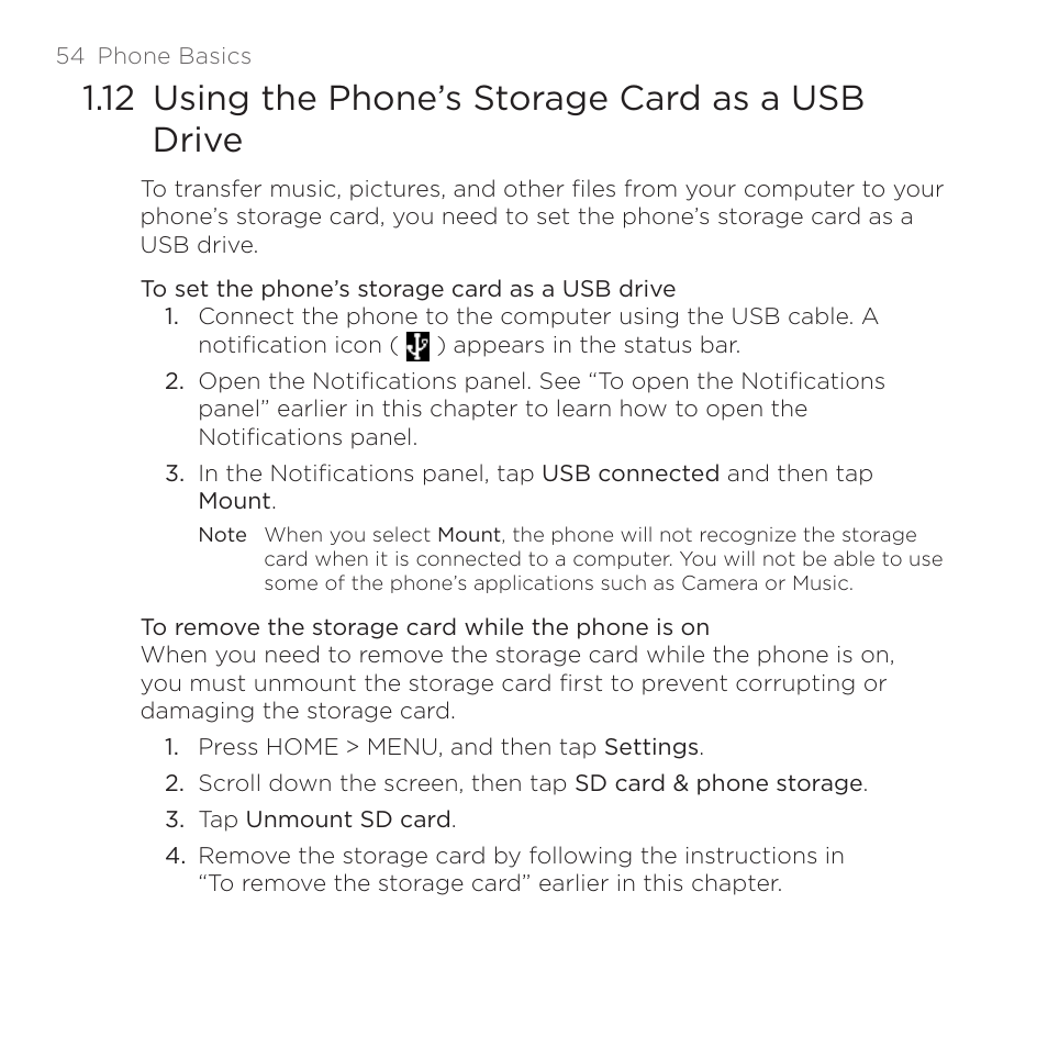 12 using the phone’s storage card as a usb drive | HTC DROID Eris PB00100 User Manual | Page 54 / 238