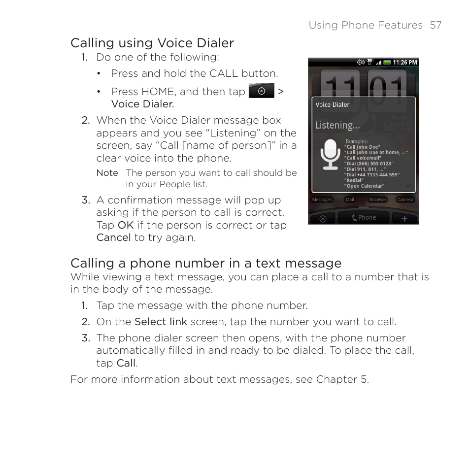 Calling using voice dialer, Calling a phone number in a text message | HTC DROID Eris PB00100 User Manual | Page 57 / 238