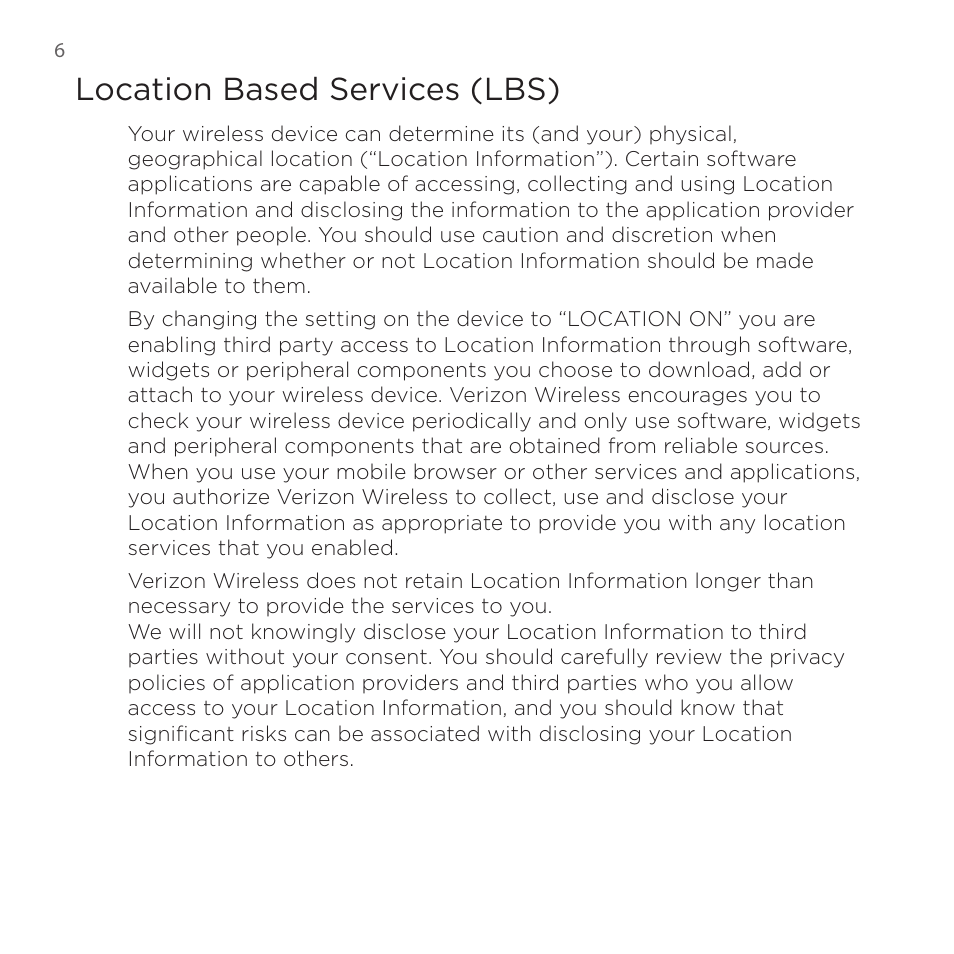 Location based services (lbs) | HTC DROID Eris PB00100 User Manual | Page 6 / 238