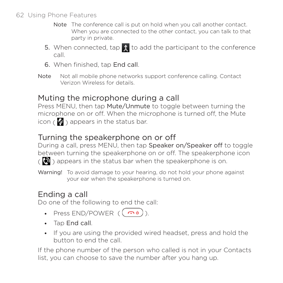 Muting the microphone during a call, Turning the speakerphone on or off, Ending a call | HTC DROID Eris PB00100 User Manual | Page 62 / 238