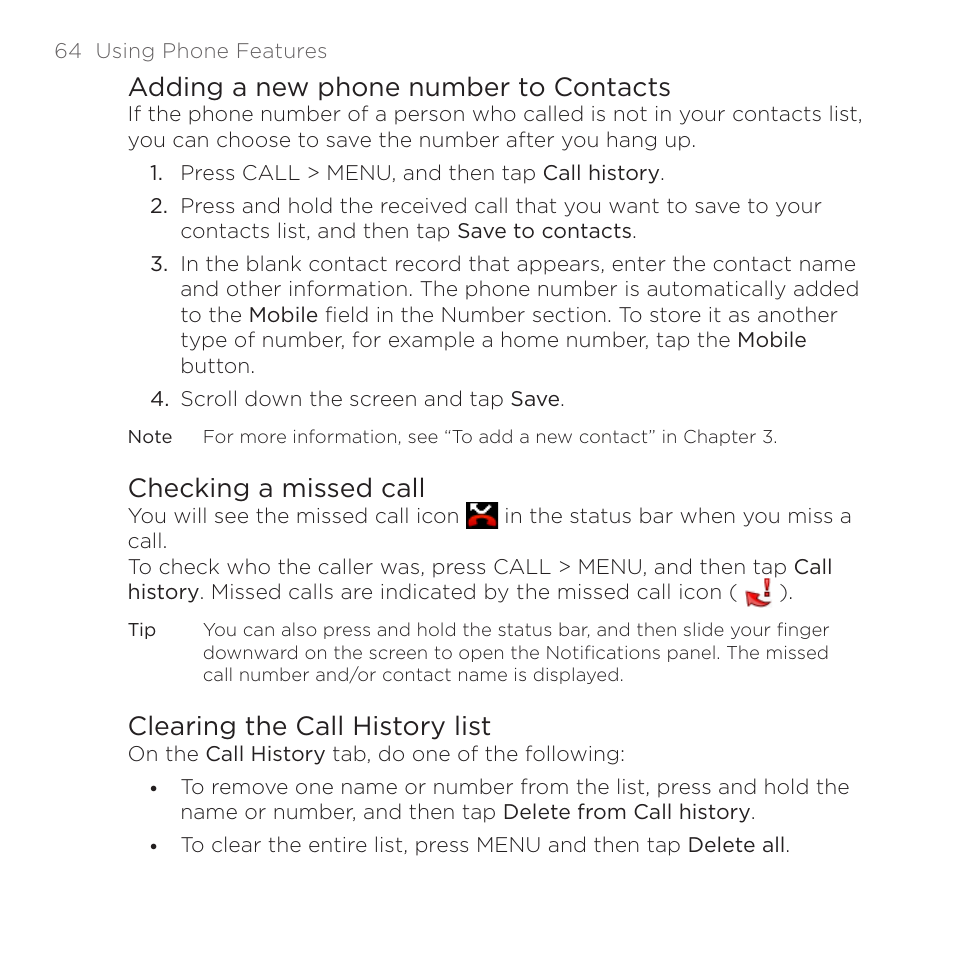 Adding a new phone number to contacts, Checking a missed call, Clearing the call history list | HTC DROID Eris PB00100 User Manual | Page 64 / 238