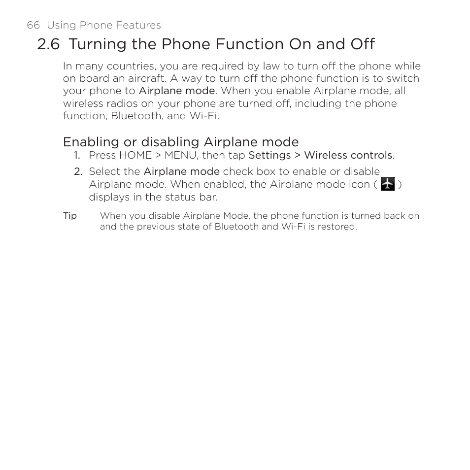6 turning the phone function on and off, Enabling or disabling airplane mode | HTC DROID Eris PB00100 User Manual | Page 66 / 238