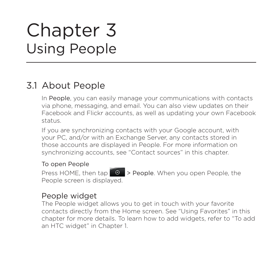 Chapter 3using people, 1 about people, People widget | Chapter 3 using people, Chapter 3, Using people | HTC DROID Eris PB00100 User Manual | Page 67 / 238