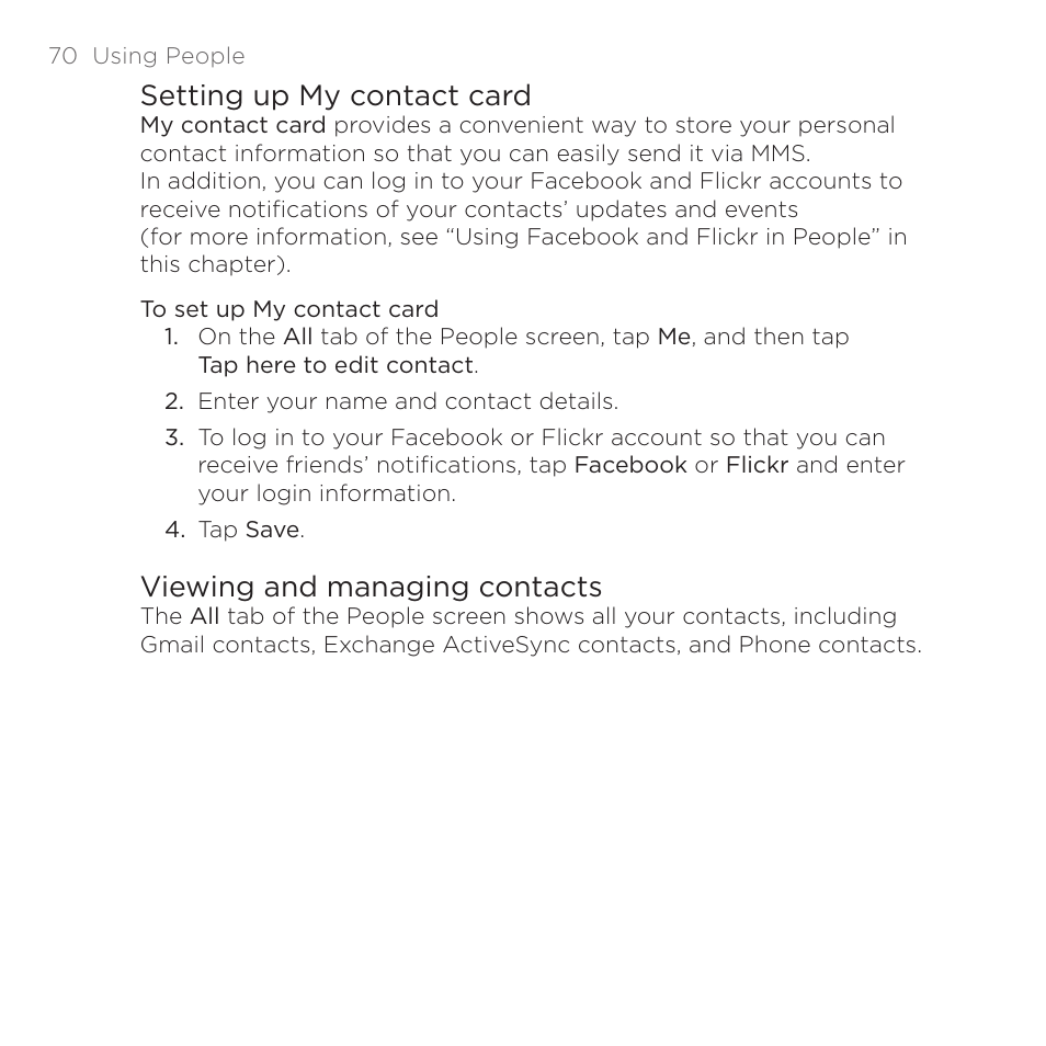 Setting up my contact card, Viewing and managing contacts | HTC DROID Eris PB00100 User Manual | Page 70 / 238