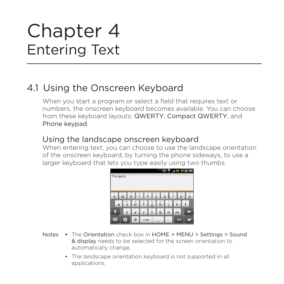 Chapter 4entering text, 1 using the onscreen keyboard, Using the landscape onscreen keyboard | Chapter 4 entering text, Chapter 4, Entering text | HTC DROID Eris PB00100 User Manual | Page 82 / 238