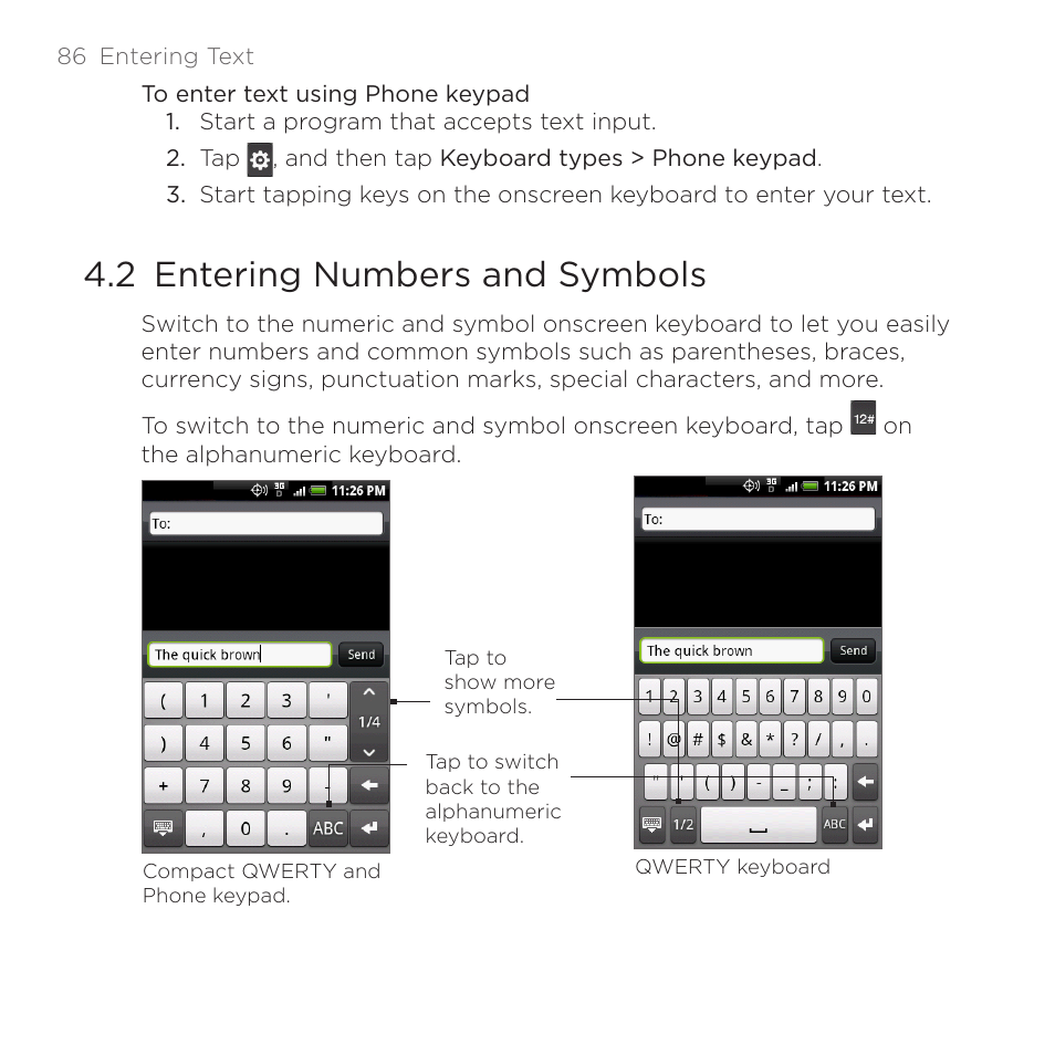 2 entering numbers and symbols | HTC DROID Eris PB00100 User Manual | Page 86 / 238