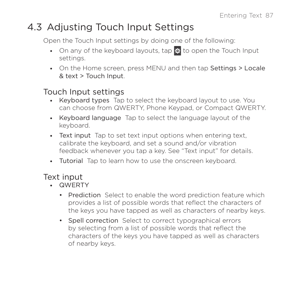 3 adjusting touch input settings, Touch input settings, Text input | Touch input settings text input | HTC DROID Eris PB00100 User Manual | Page 87 / 238