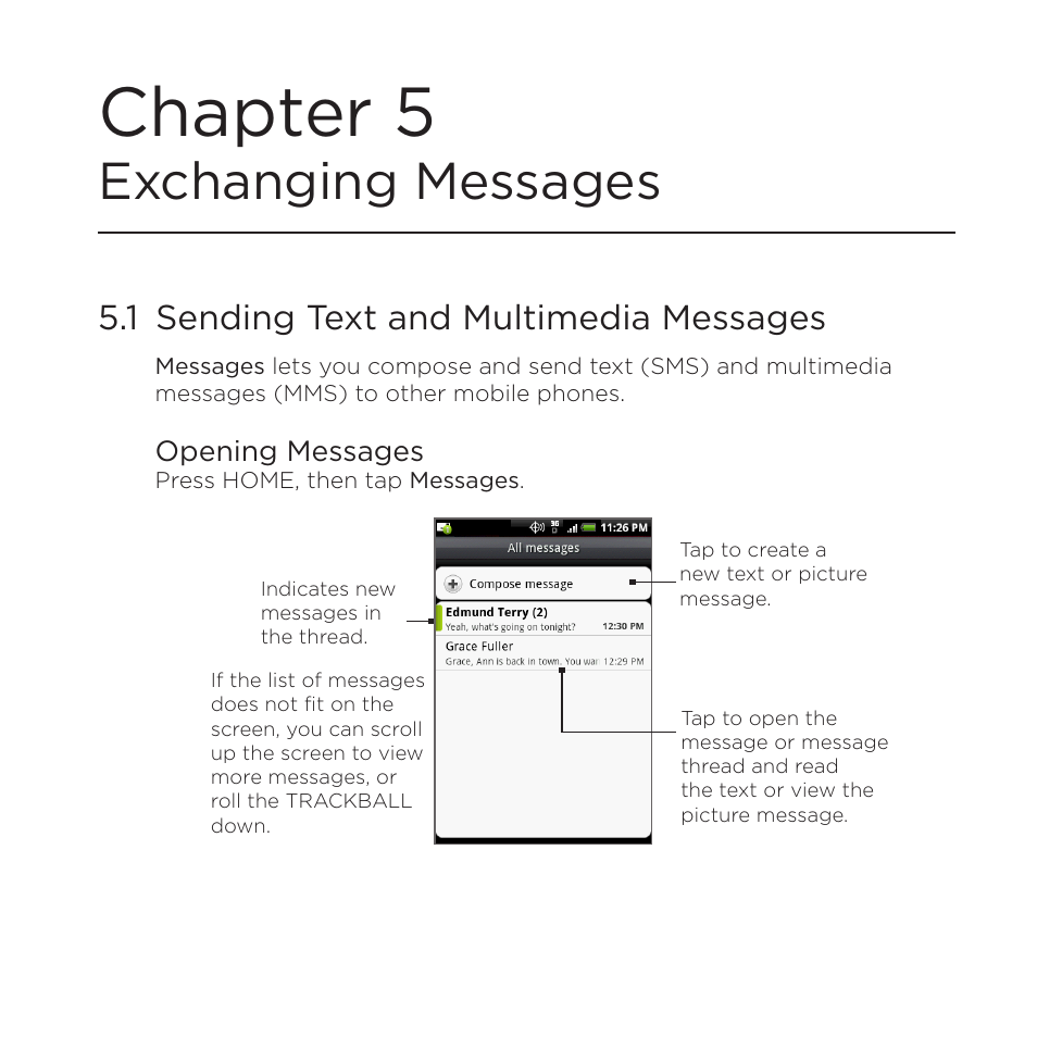 Chapter 5exchanging messages, 1 sending text and multimedia messages, Opening messages | Chapter 5 exchanging messages, Chapter 5, Exchanging messages | HTC DROID Eris PB00100 User Manual | Page 89 / 238