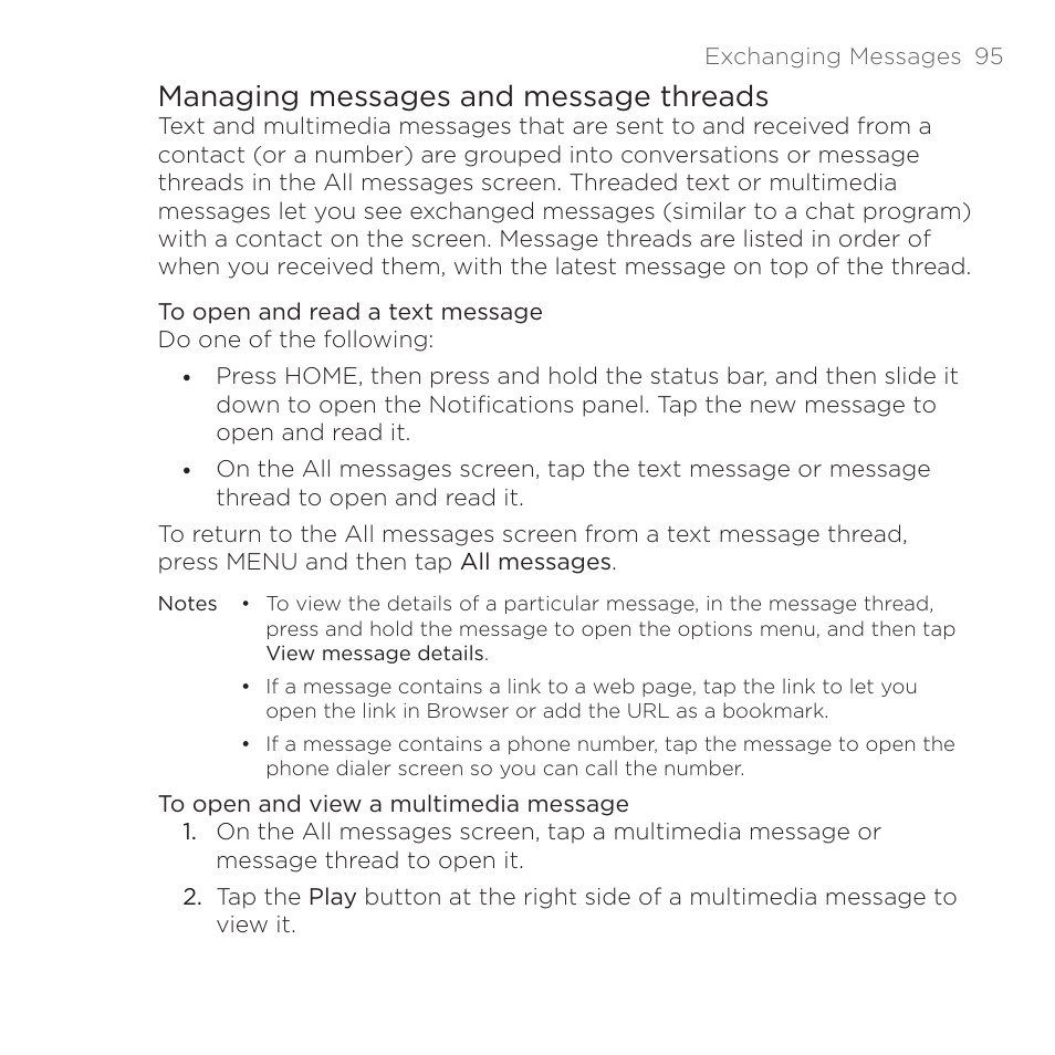 Managing messages and message threads | HTC DROID Eris PB00100 User Manual | Page 95 / 238