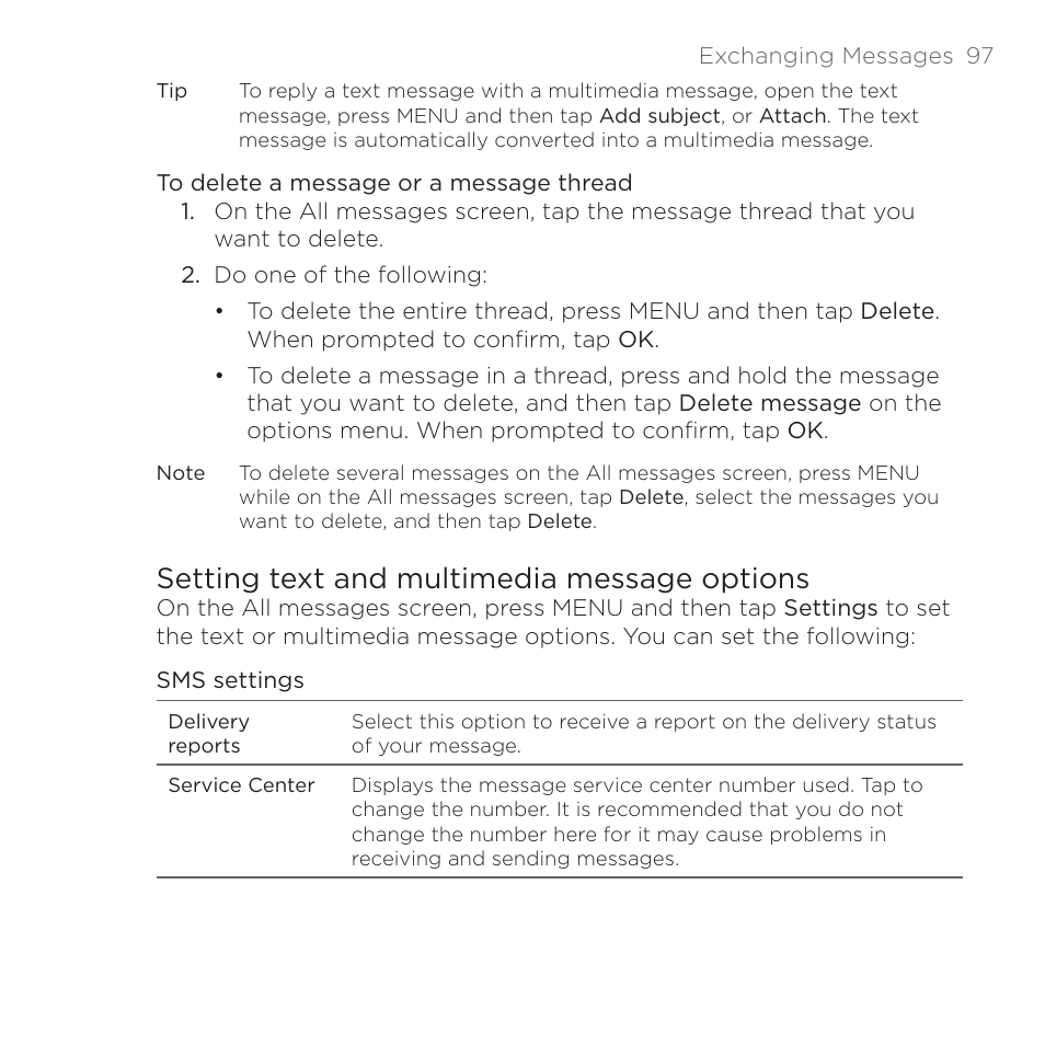Setting text and multimedia message options | HTC DROID Eris PB00100 User Manual | Page 97 / 238