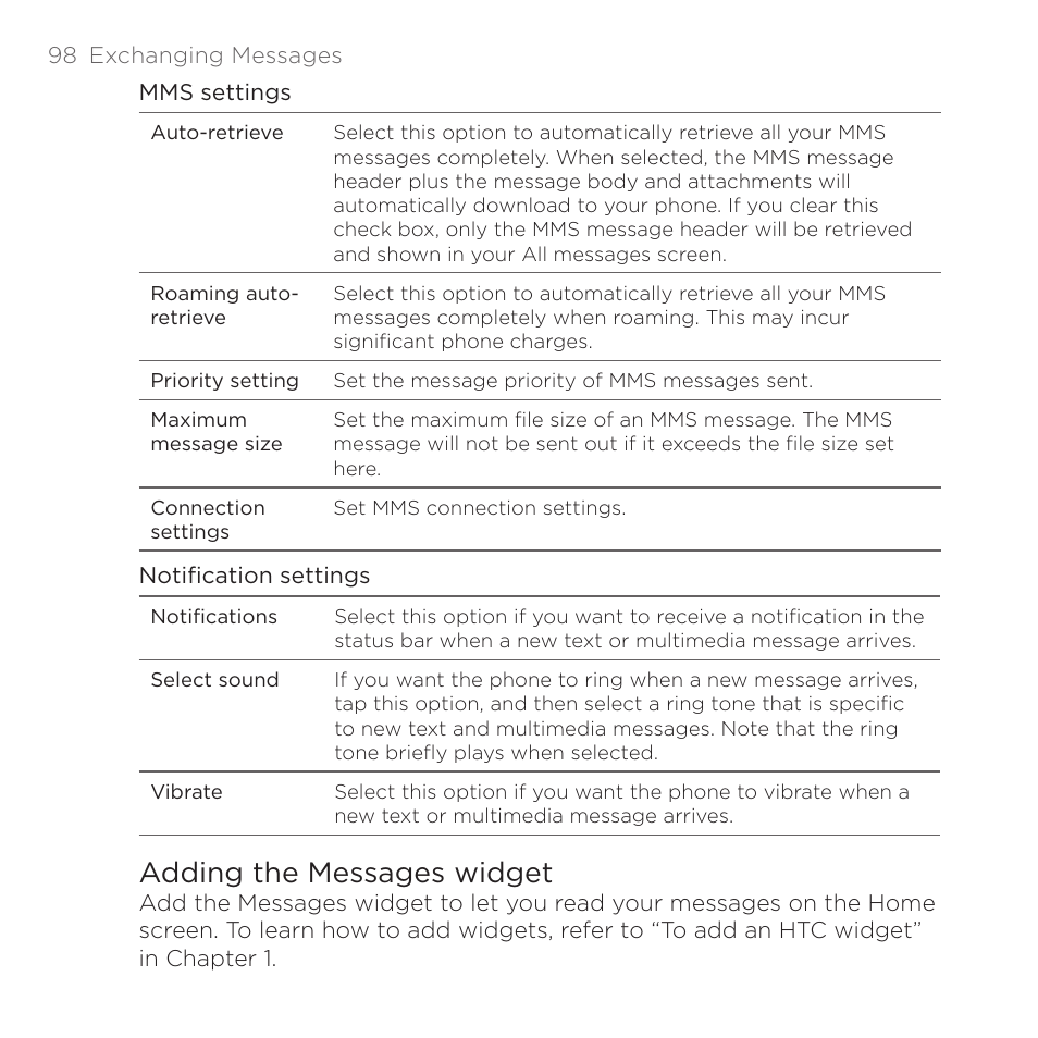 Adding the messages widget | HTC DROID Eris PB00100 User Manual | Page 98 / 238