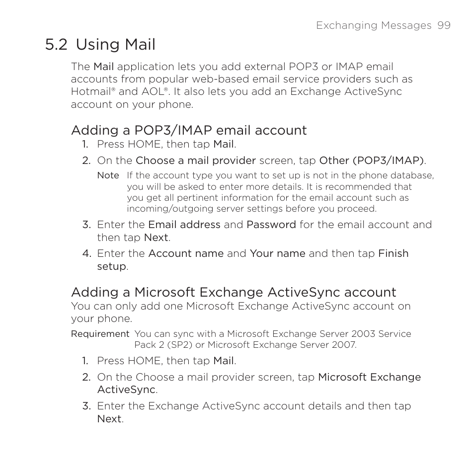 2 using mail, Adding a pop3/imap email account, Adding a microsoft exchange activesync account | HTC DROID Eris PB00100 User Manual | Page 99 / 238
