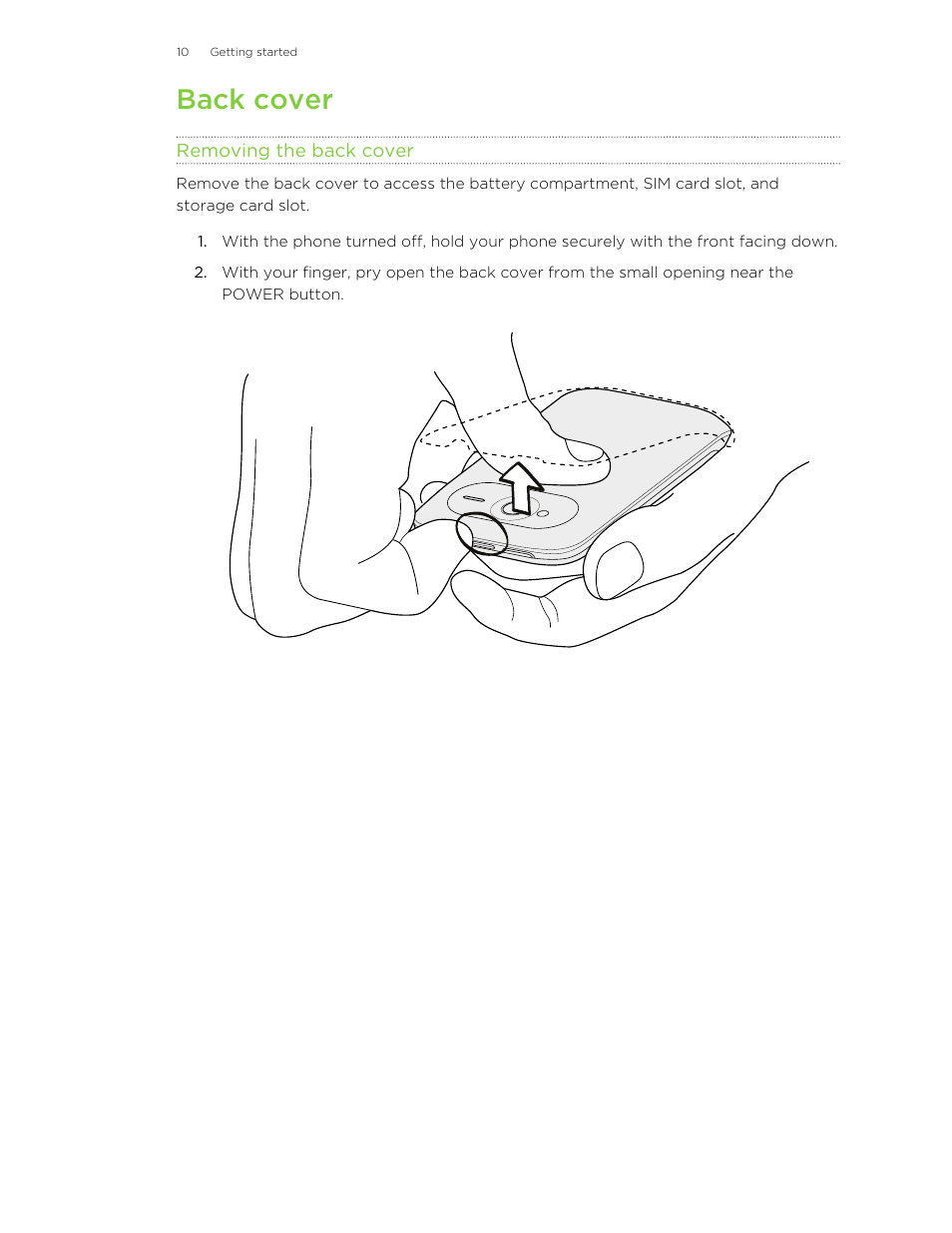 Back cover, Removing the back cover | HTC Wildfire S EN User Manual | Page 10 / 187