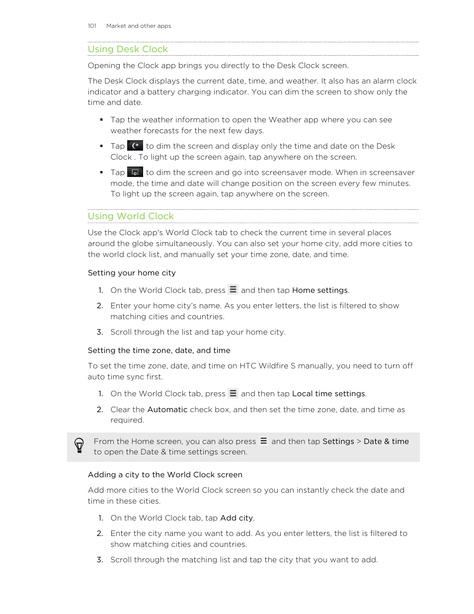 Using desk clock, Using world clock, Setting your home city | Setting the time zone, date, and time, Adding a city to the world clock screen | HTC Wildfire S EN User Manual | Page 101 / 187