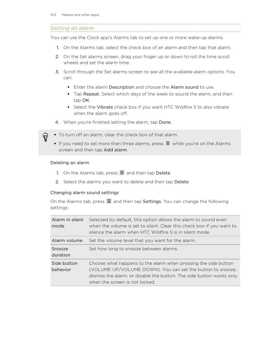 Setting an alarm, Deleting an alarm, Changing alarm sound settings | HTC Wildfire S EN User Manual | Page 102 / 187