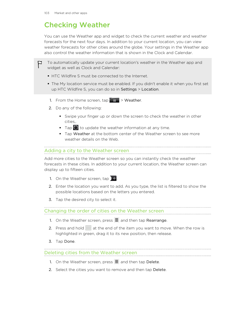 Checking weather, Adding a city to the weather screen, Changing the order of cities on the weather screen | Deleting cities from the weather screen | HTC Wildfire S EN User Manual | Page 103 / 187
