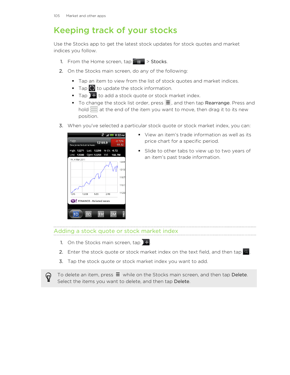 Keeping track of your stocks, Adding a stock quote or stock market index | HTC Wildfire S EN User Manual | Page 105 / 187