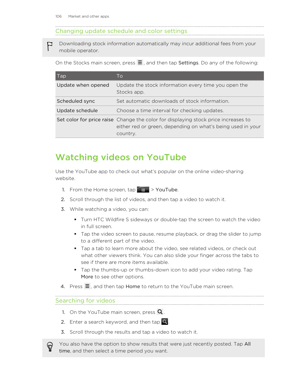 Changing update schedule and color settings, Watching videos on youtube, Searching for videos | HTC Wildfire S EN User Manual | Page 106 / 187