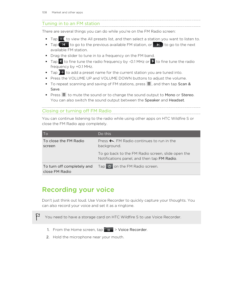 Tuning in to an fm station, Closing or turning off fm radio, Recording your voice | HTC Wildfire S EN User Manual | Page 108 / 187