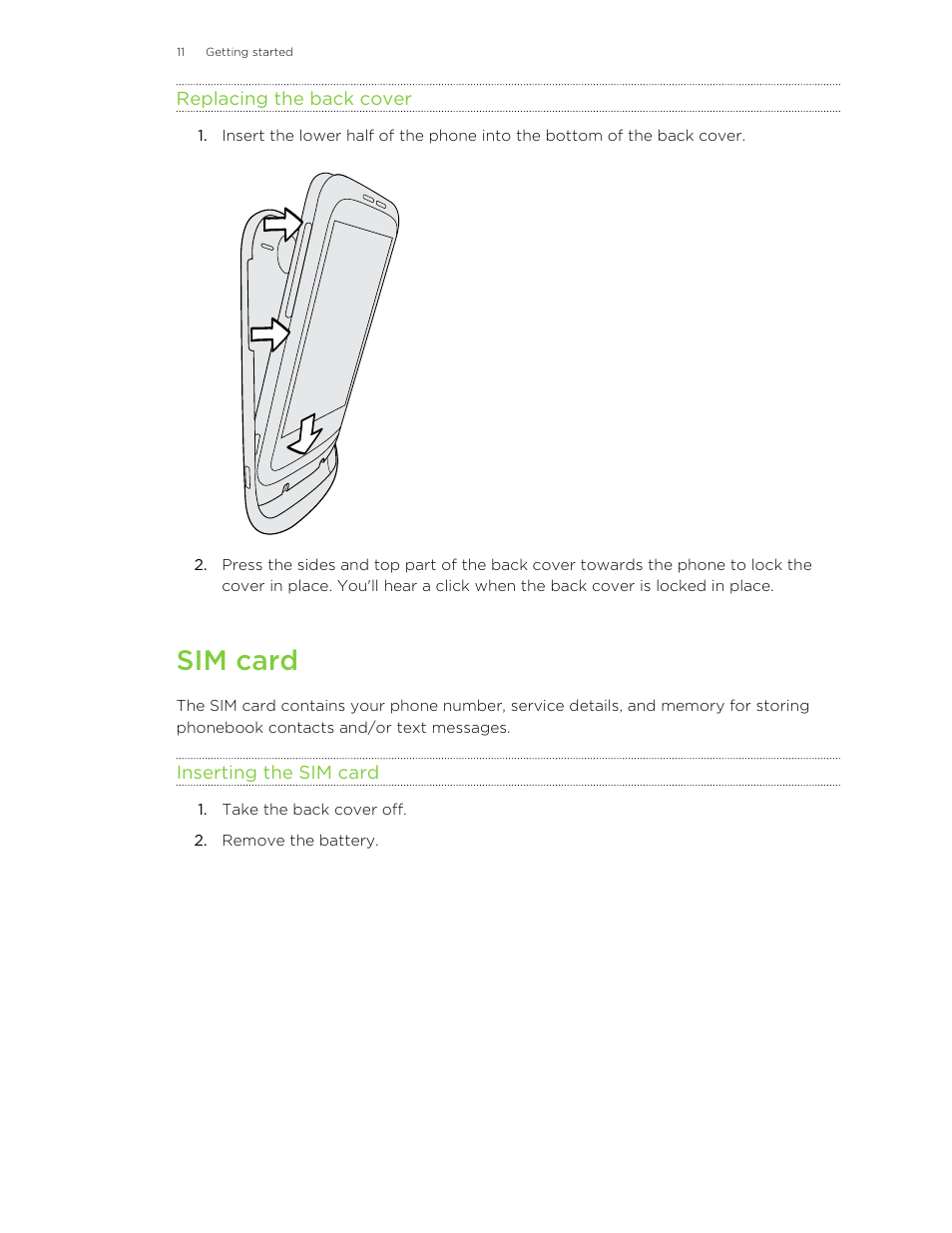 Replacing the back cover, Sim card, Inserting the sim card | HTC Wildfire S EN User Manual | Page 11 / 187