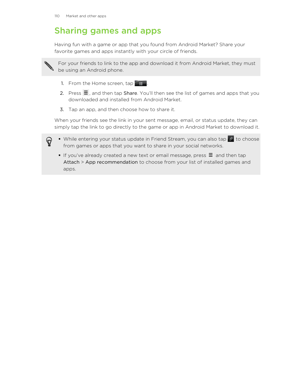 Sharing games and apps | HTC Wildfire S EN User Manual | Page 110 / 187