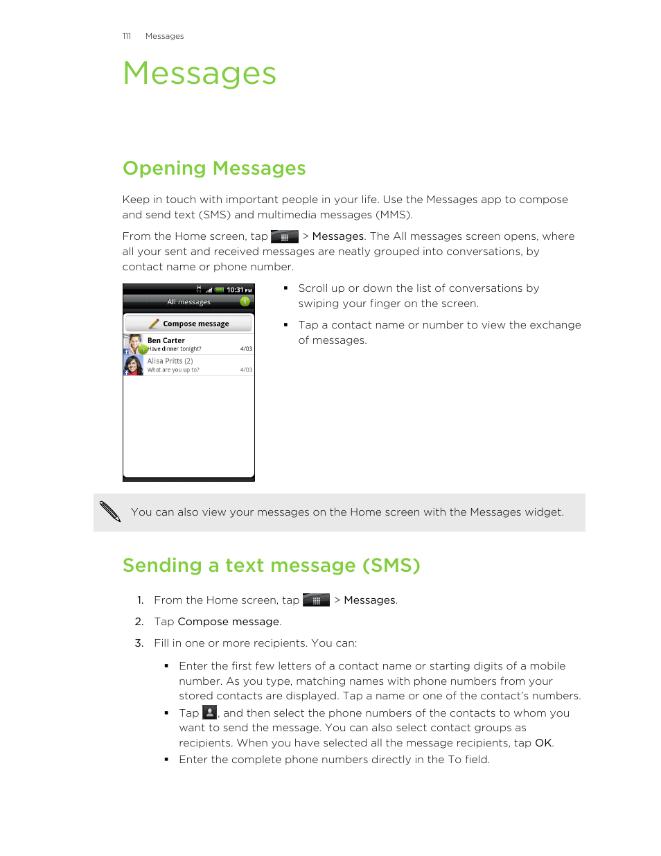 Messages, Opening messages, Sending a text message (sms) | HTC Wildfire S EN User Manual | Page 111 / 187