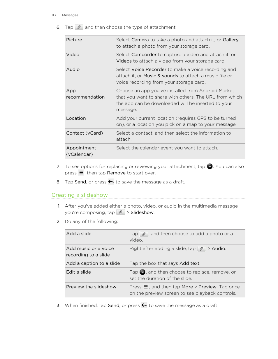 Creating a slideshow | HTC Wildfire S EN User Manual | Page 113 / 187