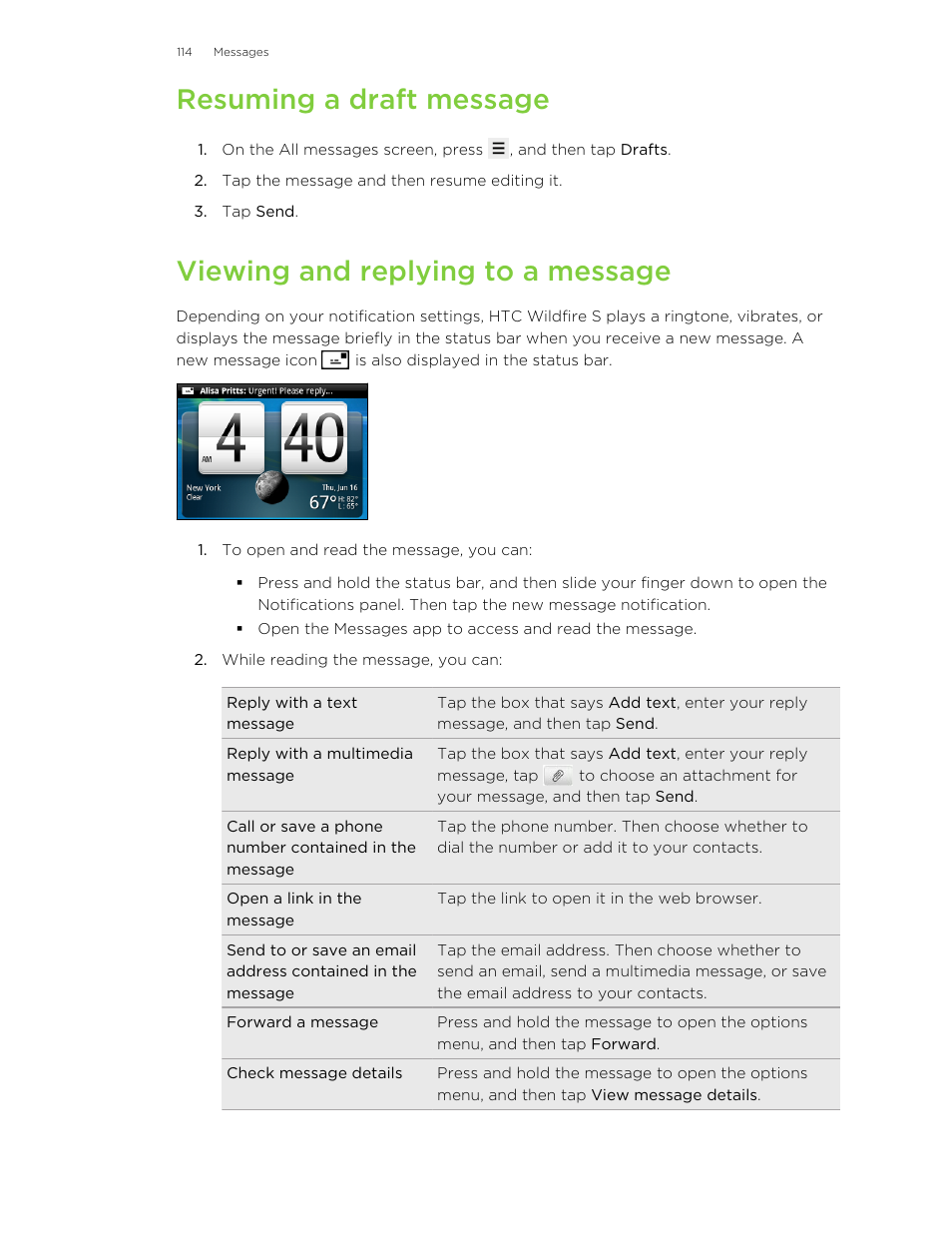 Resuming a draft message, Viewing and replying to a message | HTC Wildfire S EN User Manual | Page 114 / 187