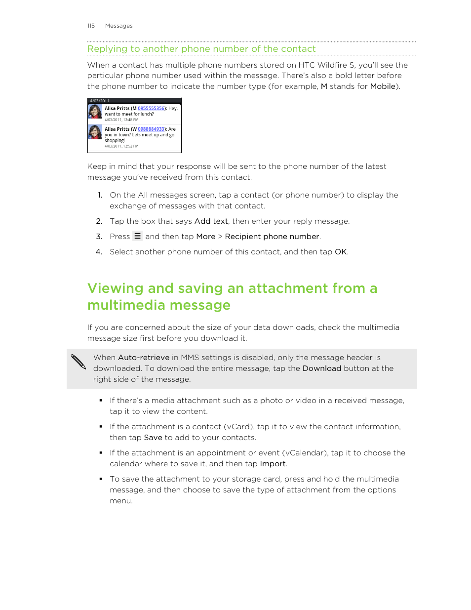 Replying to another phone number of the contact | HTC Wildfire S EN User Manual | Page 115 / 187