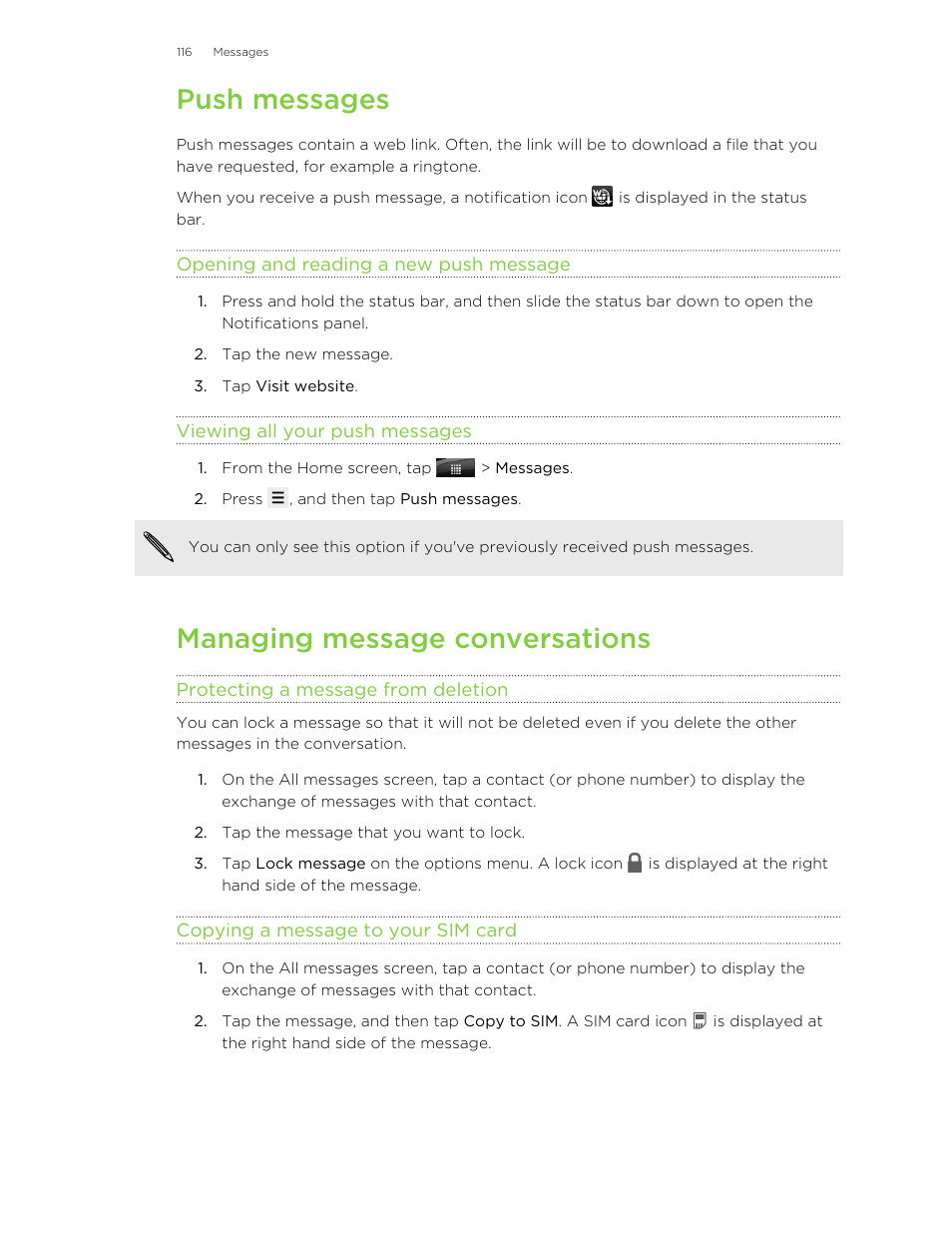 Push messages, Opening and reading a new push message, Viewing all your push messages | Managing message conversations, Protecting a message from deletion, Copying a message to your sim card | HTC Wildfire S EN User Manual | Page 116 / 187