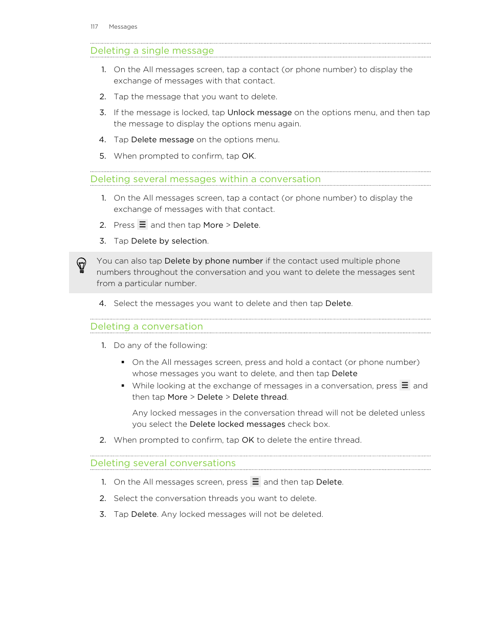 Deleting a single message, Deleting several messages within a conversation, Deleting a conversation | Deleting several conversations | HTC Wildfire S EN User Manual | Page 117 / 187