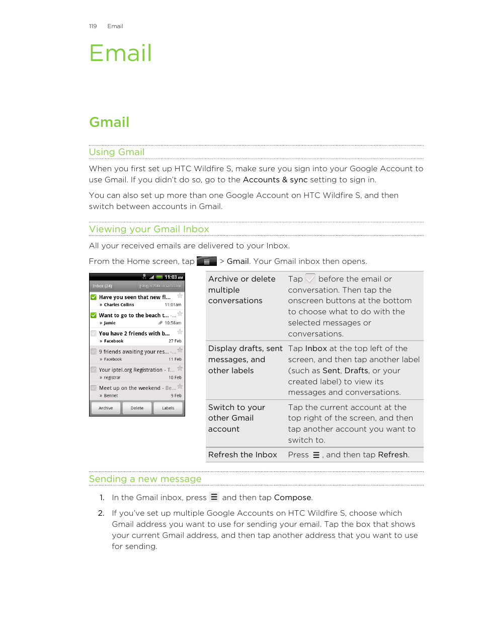 Email, Gmail, Using gmail | Viewing your gmail inbox, Sending a new message | HTC Wildfire S EN User Manual | Page 119 / 187