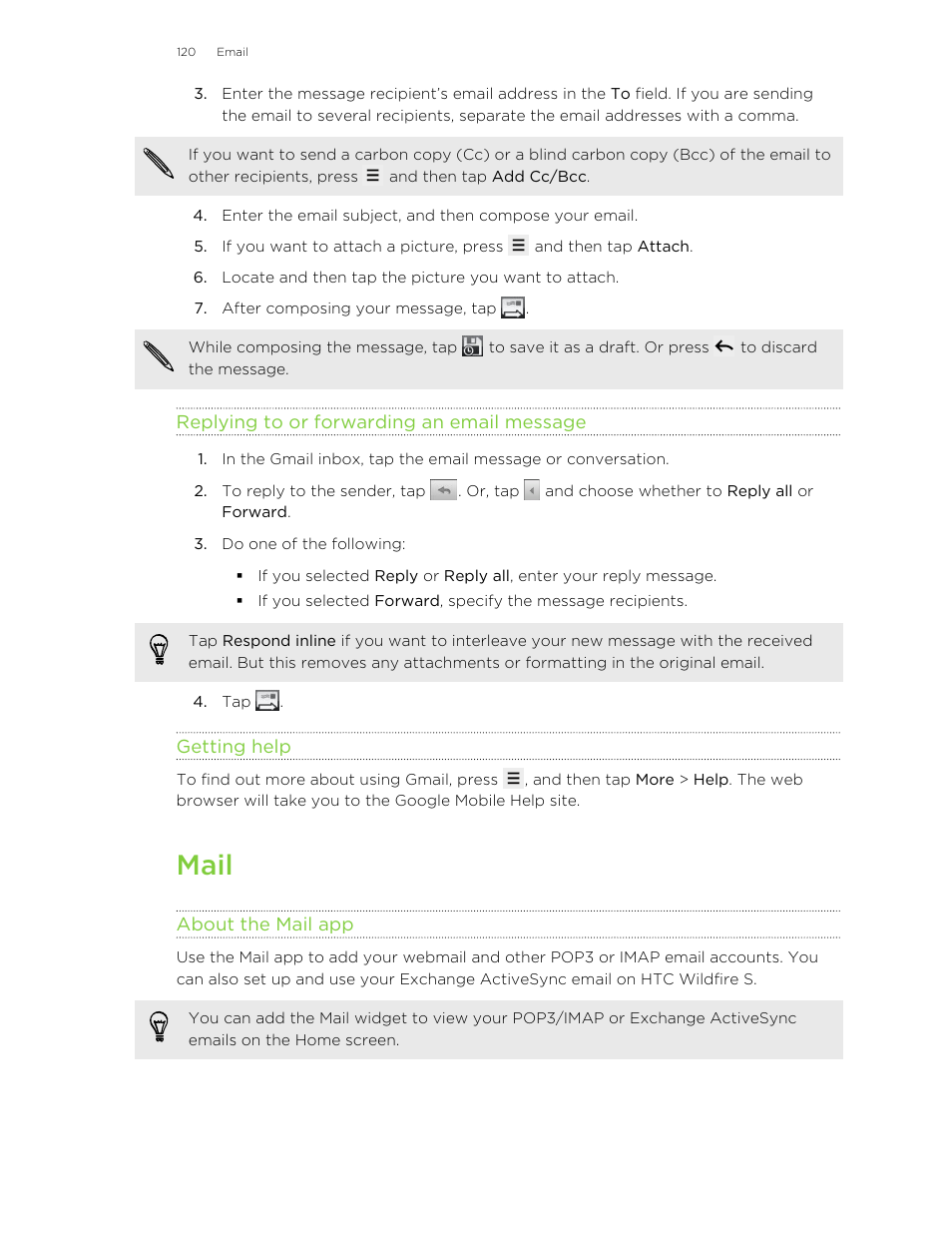 Replying to or forwarding an email message, Getting help, Mail | About the mail app | HTC Wildfire S EN User Manual | Page 120 / 187