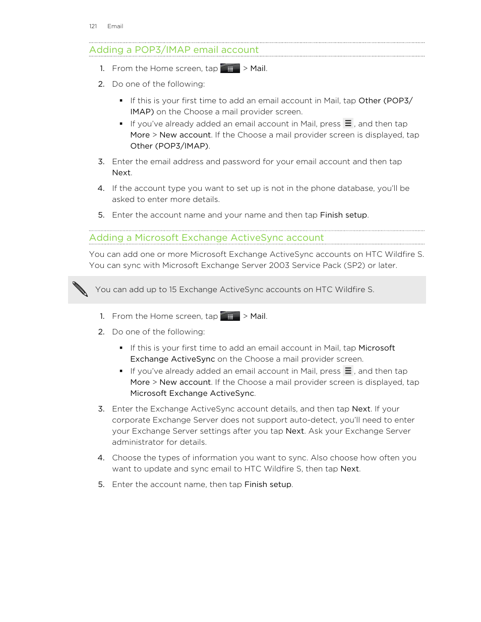 Adding a pop3/imap email account, Adding a microsoft exchange activesync account | HTC Wildfire S EN User Manual | Page 121 / 187