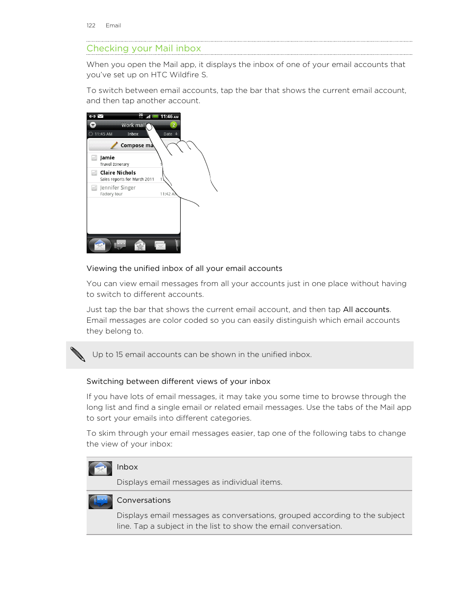 Checking your mail inbox, Switching between different views of your inbox | HTC Wildfire S EN User Manual | Page 122 / 187