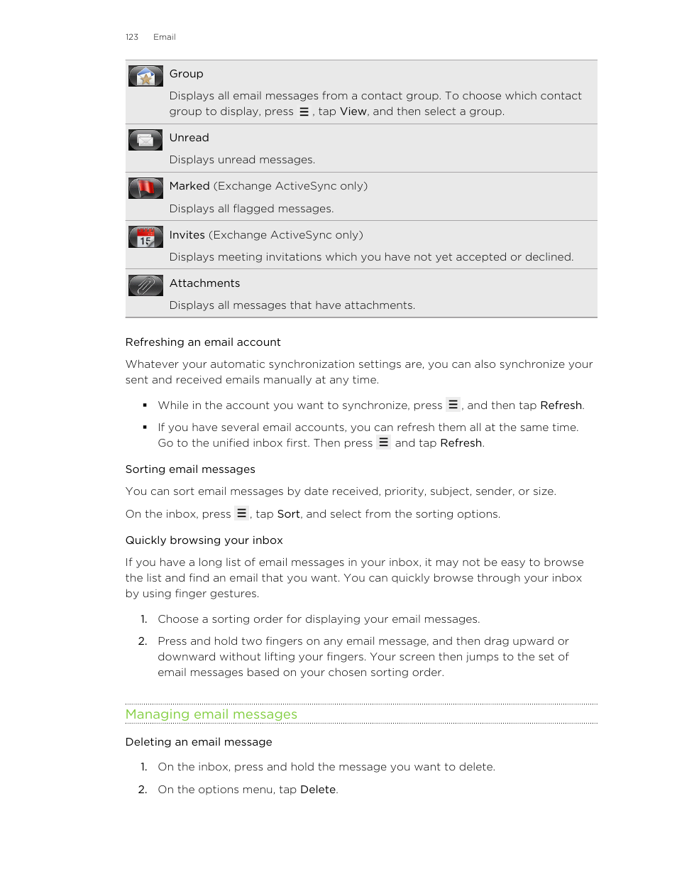 Refreshing an email account, Sorting email messages, Quickly browsing your inbox | Managing email messages, Deleting an email message | HTC Wildfire S EN User Manual | Page 123 / 187