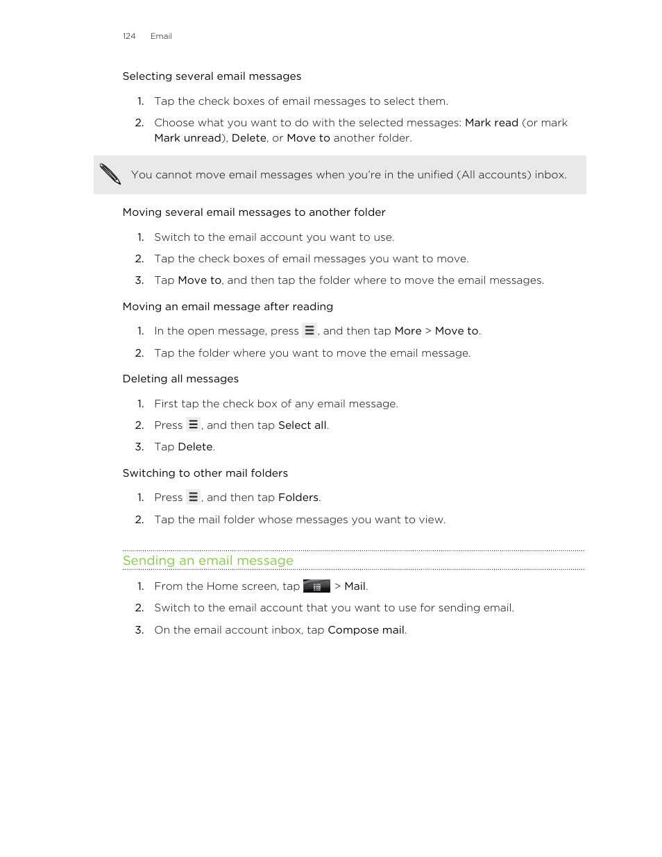 Selecting several email messages, Moving several email messages to another folder, Moving an email message after reading | Deleting all messages, Switching to other mail folders, Sending an email message | HTC Wildfire S EN User Manual | Page 124 / 187