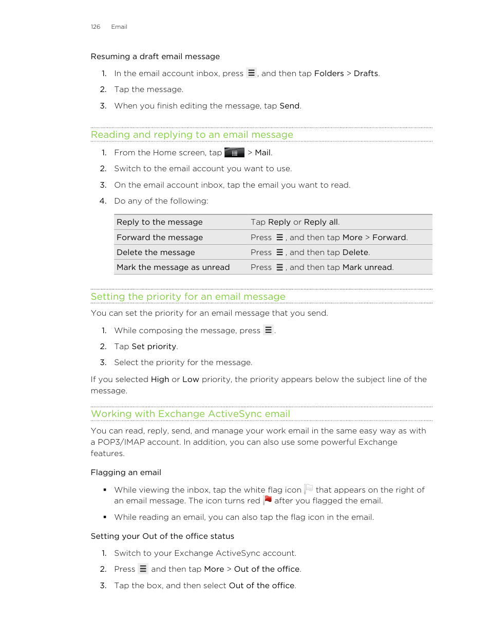 Resuming a draft email message, Reading and replying to an email message, Setting the priority for an email message | Working with exchange activesync email, Flagging an email, Setting your out of the office status | HTC Wildfire S EN User Manual | Page 126 / 187