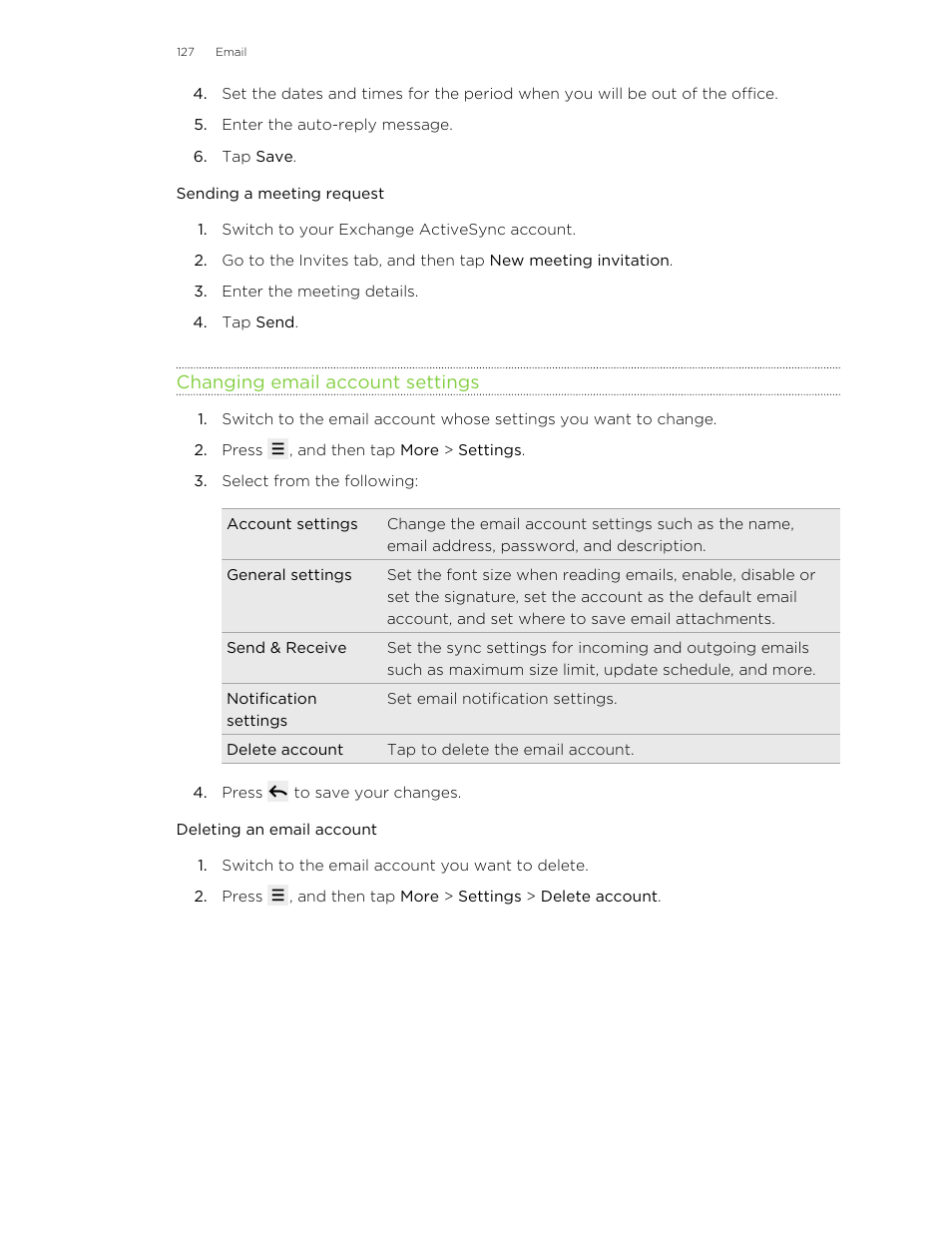 Sending a meeting request, Changing email account settings, Deleting an email account | HTC Wildfire S EN User Manual | Page 127 / 187