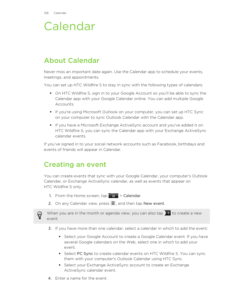 Calendar, About calendar, Creating an event | HTC Wildfire S EN User Manual | Page 128 / 187