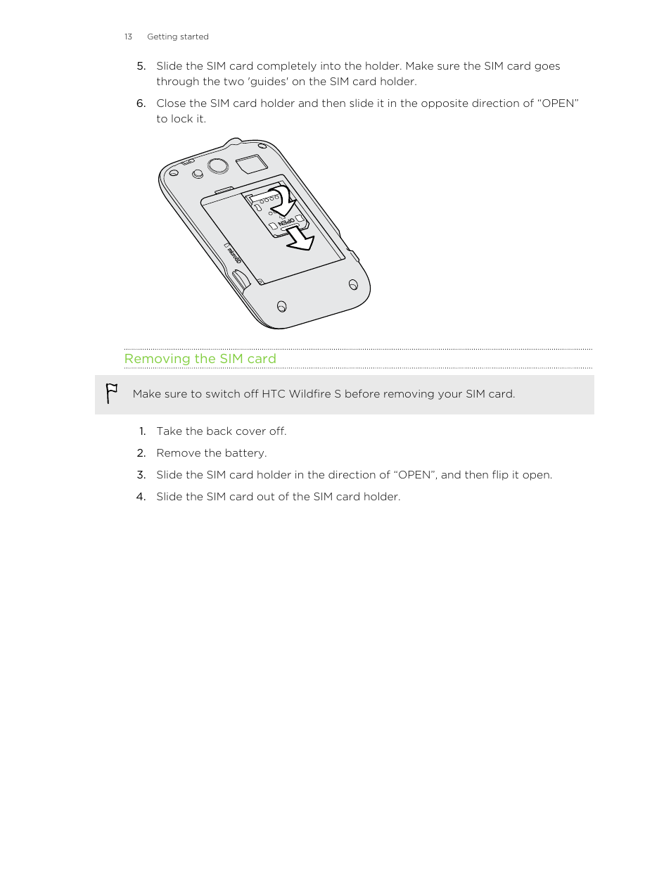 Removing the sim card | HTC Wildfire S EN User Manual | Page 13 / 187