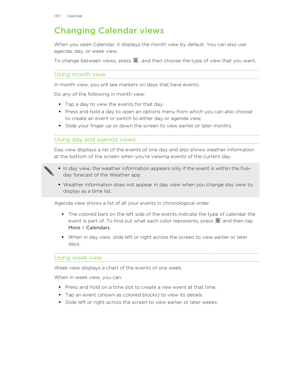 Changing calendar views, Using month view, Using day and agenda views | Using week view | HTC Wildfire S EN User Manual | Page 130 / 187