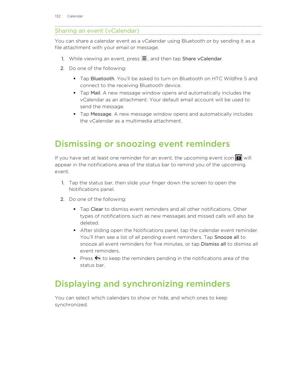 Sharing an event (vcalendar), Dismissing or snoozing event reminders, Displaying and synchronizing reminders | HTC Wildfire S EN User Manual | Page 132 / 187