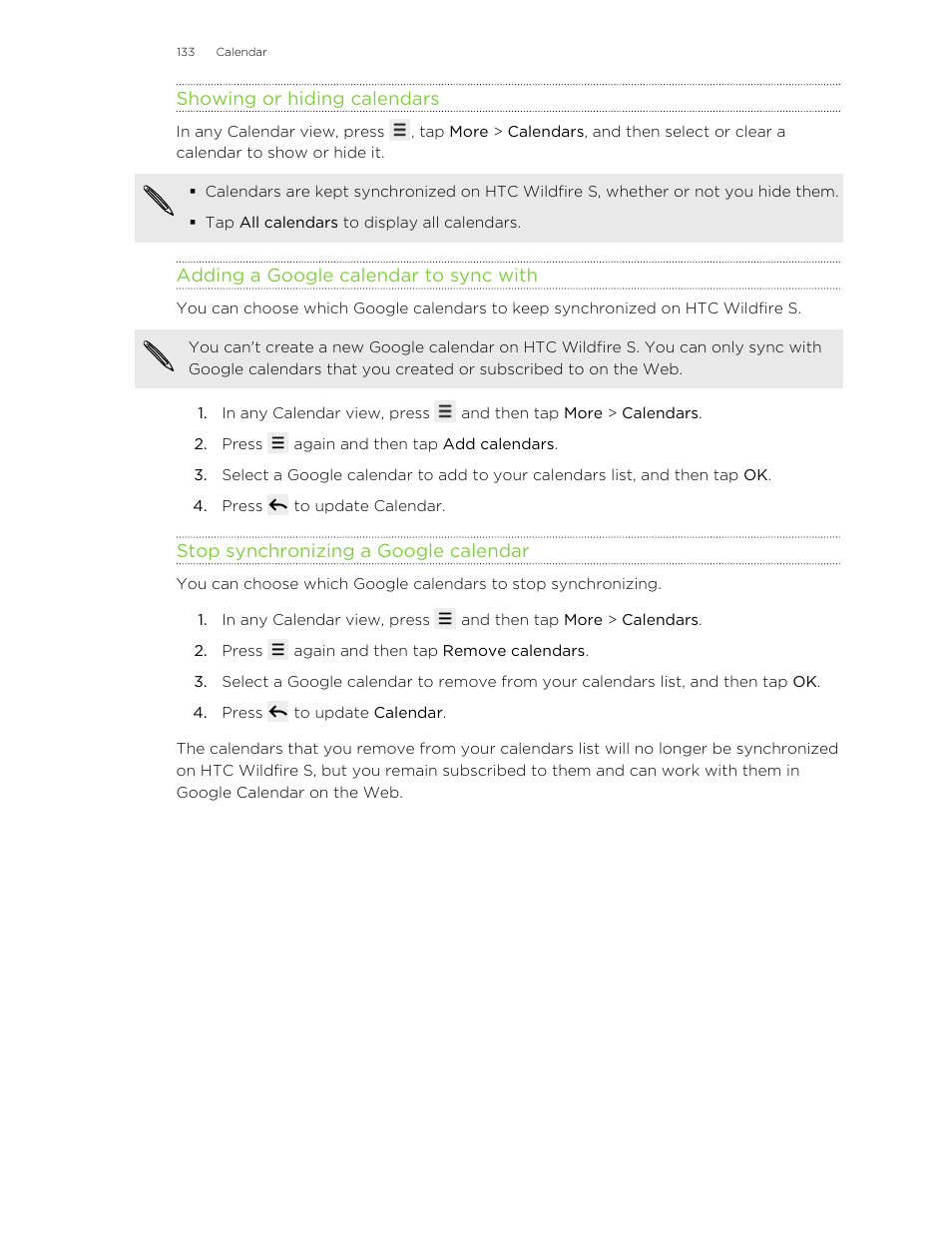 Showing or hiding calendars, Adding a google calendar to sync with, Stop synchronizing a google calendar | HTC Wildfire S EN User Manual | Page 133 / 187