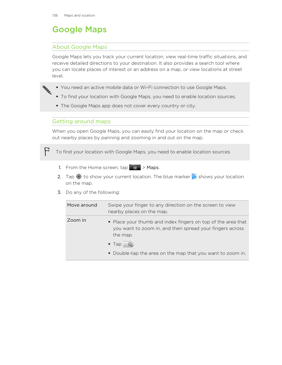 Google maps, About google maps, Getting around maps | HTC Wildfire S EN User Manual | Page 136 / 187