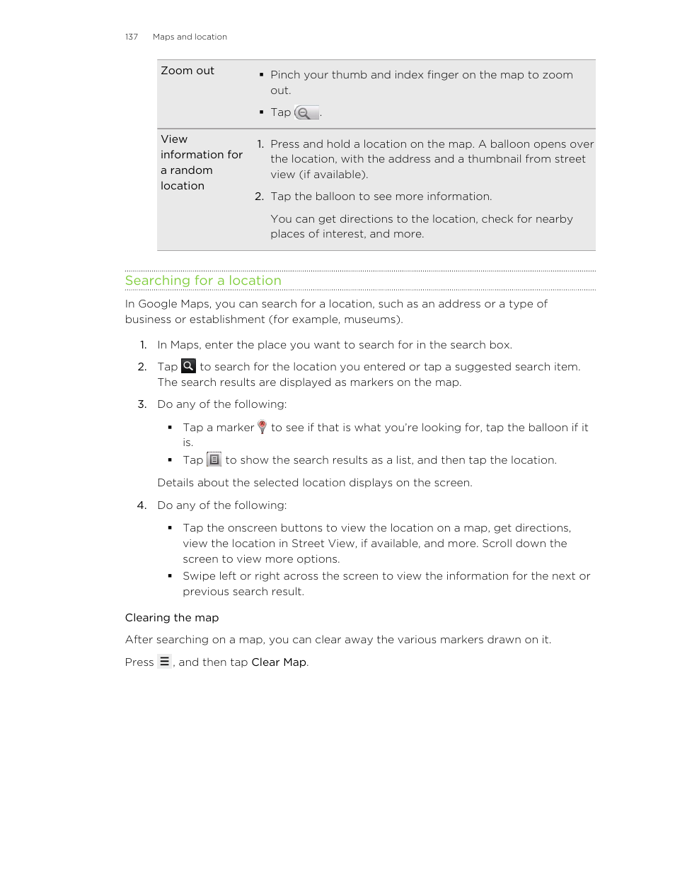 Searching for a location, Clearing the map | HTC Wildfire S EN User Manual | Page 137 / 187