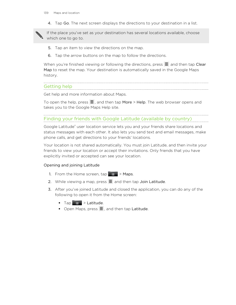 Getting help, Opening and joining latitude | HTC Wildfire S EN User Manual | Page 139 / 187