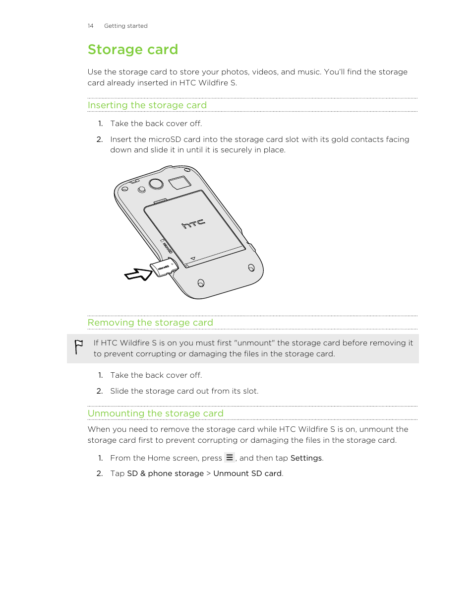 Storage card, Inserting the storage card, Removing the storage card | Unmounting the storage card | HTC Wildfire S EN User Manual | Page 14 / 187